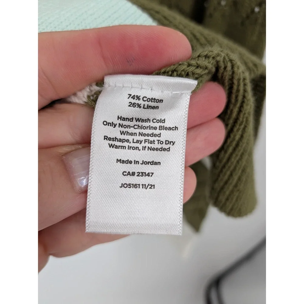 Talbots Cardigan Womens Medium Green White Striped V-Neck Pointelle Knit Cotton